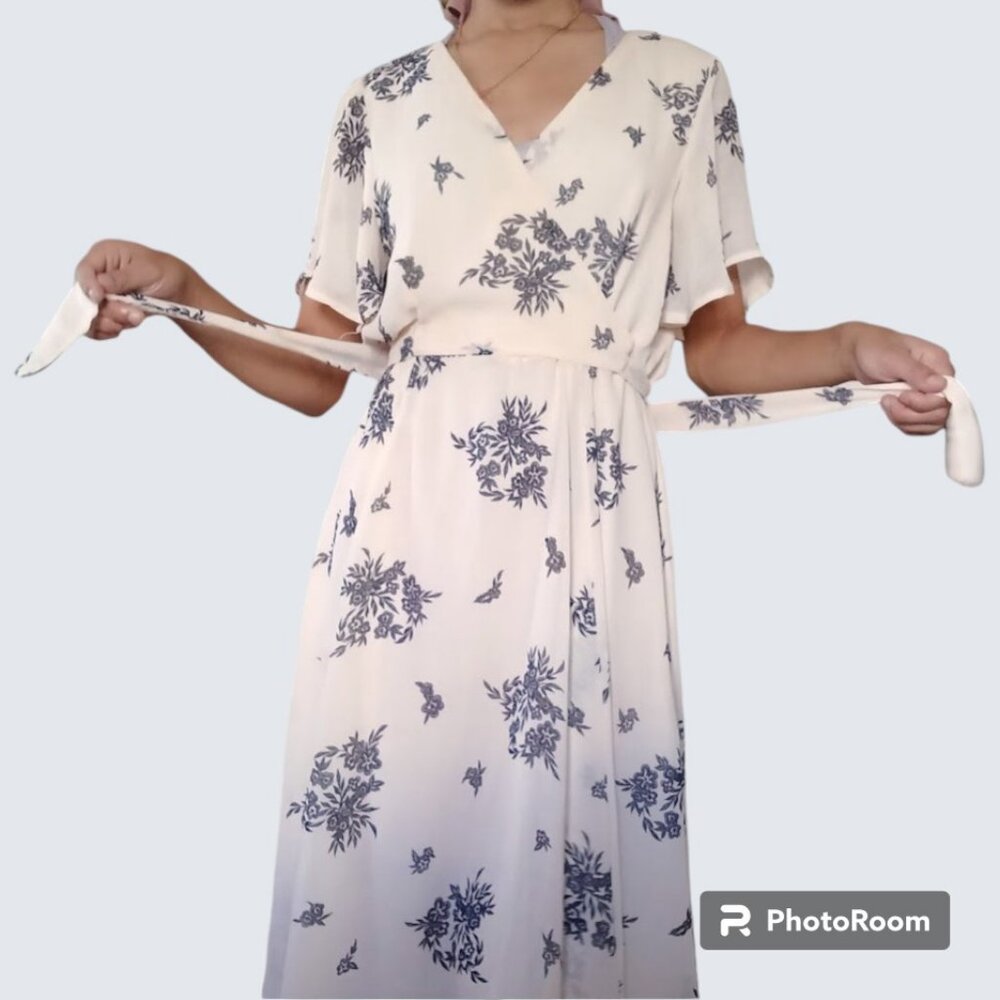 Cream Floral Tie Waist Midi Dress Lined Flowy Summer Tan Beige Flower Lounge XS - Picture 2 of 6